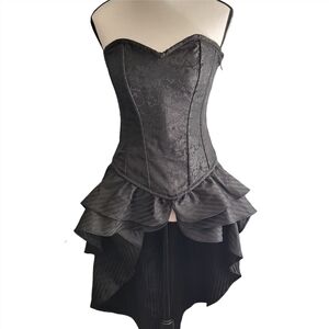 Corset Deal Black Brocade Bunny Ear Goth Lace-Up Corset  Stripe Ruffle Tail Sz M